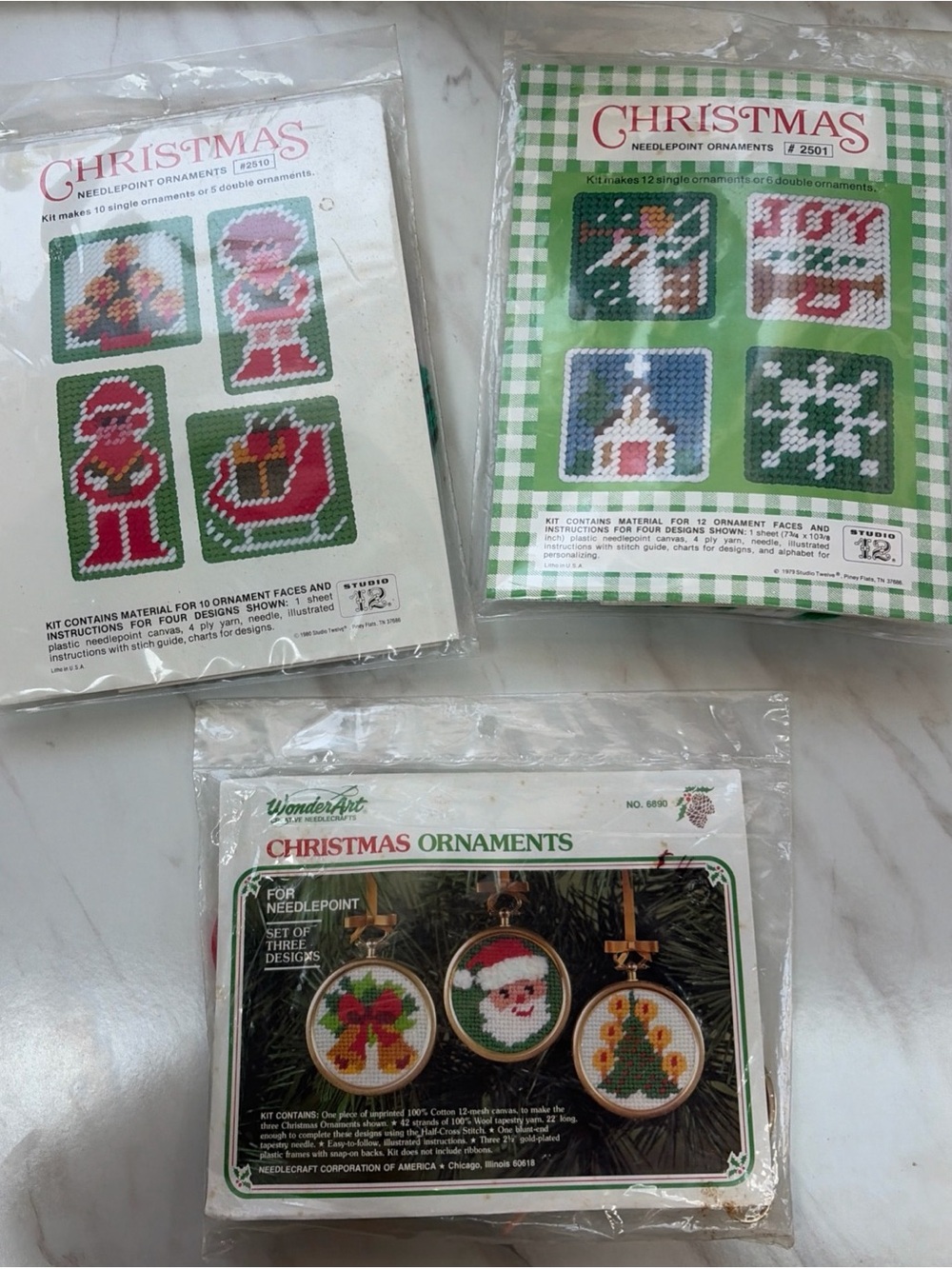 3 Vintage Christmas Needlepoint Ornament Kits 1979 1980 Studio 12 #2501 #2510